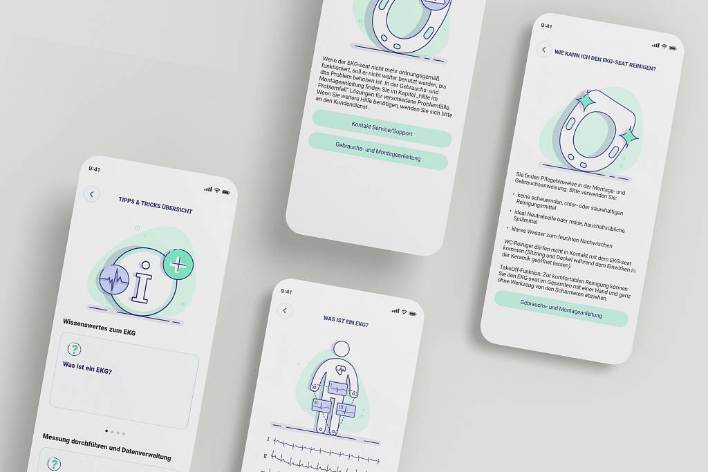 Smartphone Screens aus der EGK-seat App mit Hilfestellungen