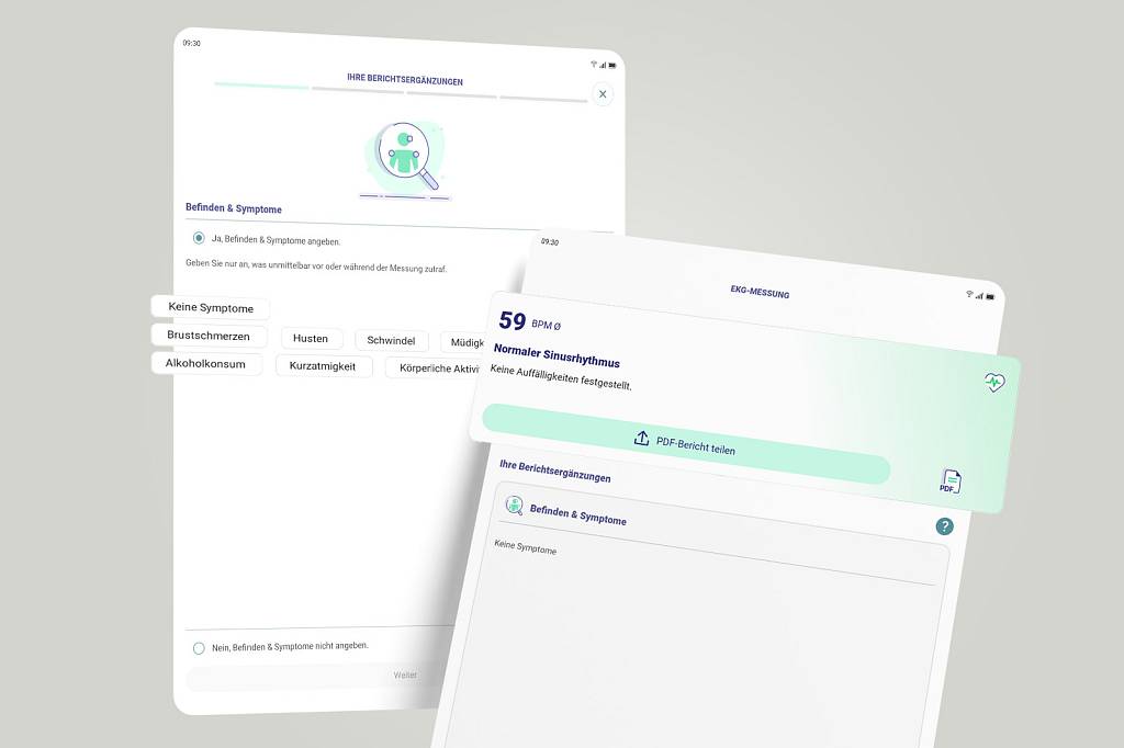 Tablet Screens mit der Ansicht zur Ergänzung der Symptome aus der EKG-seat App